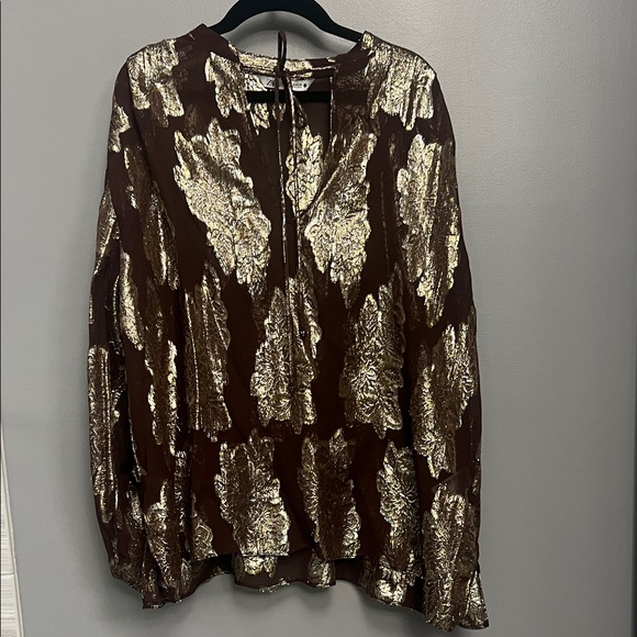 Zara Tops - Zara Gold and Brown Leaf Pattern Blouse